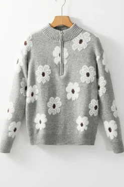 Best Dear-Lover Floral Pattern Half Zip Drop Shoulder Sweater Gray