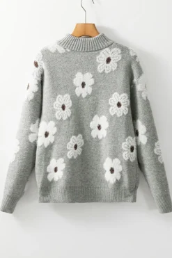 Best Dear-Lover Floral Pattern Half Zip Drop Shoulder Sweater Gray