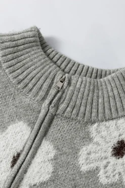 Best Dear-Lover Floral Pattern Half Zip Drop Shoulder Sweater Gray