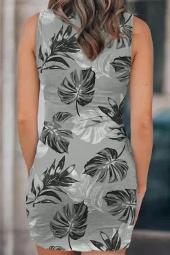 Fashion Dear-Lover Floral Print Hollow Out Wrap Tie Mini Dress Gray