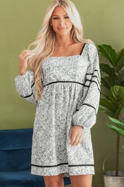 Best Dear-Lover Floral Print Open Back Balloon Sleeve Square Neck Mini Dress Gray