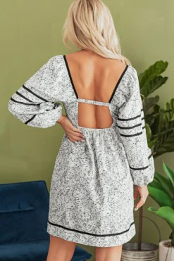 Best Dear-Lover Floral Print Open Back Balloon Sleeve Square Neck Mini Dress Gray