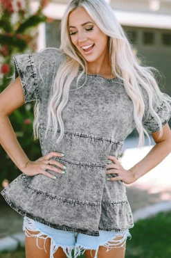 New Dear-Lover Flutter Sleeves Tiered Denim Top Gray