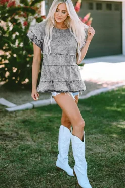 New Dear-Lover Flutter Sleeves Tiered Denim Top Gray