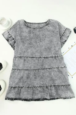 New Dear-Lover Flutter Sleeves Tiered Denim Top Gray