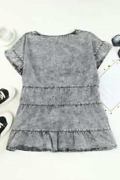 New Dear-Lover Flutter Sleeves Tiered Denim Top Gray