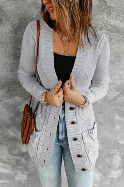Outlet Dear-Lover Front Pocket and Buttons Closure Cardigan Gray