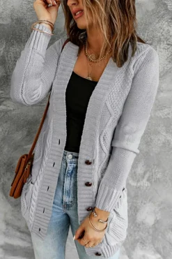 Outlet Dear-Lover Front Pocket and Buttons Closure Cardigan Gray