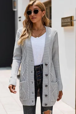 Outlet Dear-Lover Front Pocket and Buttons Closure Cardigan Gray