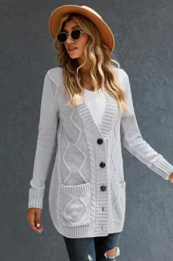 Outlet Dear-Lover Front Pocket and Buttons Closure Cardigan Gray