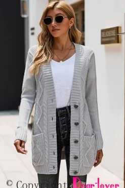 Outlet Dear-Lover Front Pocket and Buttons Closure Cardigan Gray