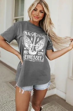 Fashion Dear-Lover Guitar Slogan Letter Graphic Print Oversized T Shirt Gray