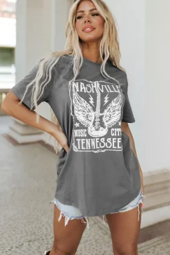 Fashion Dear-Lover Guitar Slogan Letter Graphic Print Oversized T Shirt Gray