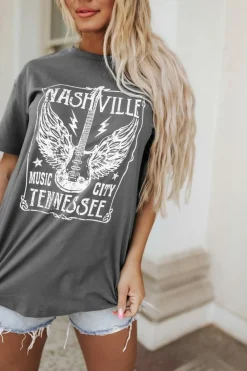 Fashion Dear-Lover Guitar Slogan Letter Graphic Print Oversized T Shirt Gray