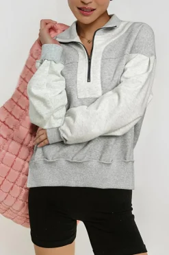 Outlet Dear-Lover Half Zipper Collared Drop Shoulder Side Slits Sweatshirt Gray