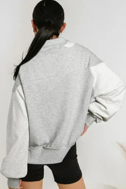 Outlet Dear-Lover Half Zipper Collared Drop Shoulder Side Slits Sweatshirt Gray