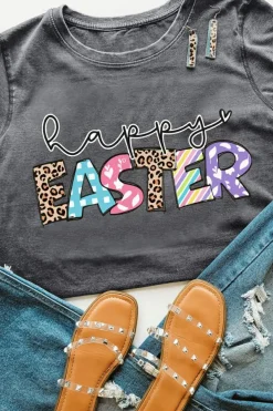 Online Dear-Lover Happy EASTER Lettering Graphic Crewneck Tee Gray