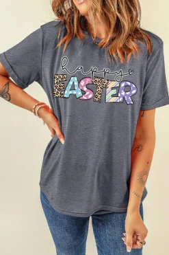 Online Dear-Lover Happy EASTER Lettering Graphic Crewneck Tee Gray