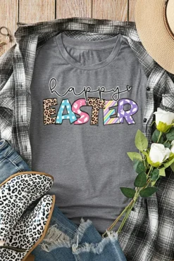 Online Dear-Lover Happy EASTER Lettering Graphic Crewneck Tee Gray