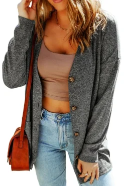 Clearance Dear-Lover Heather Knit Pocketed Button Front Cardigan Gray