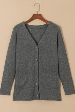 Clearance Dear-Lover Heather Knit Pocketed Button Front Cardigan Gray