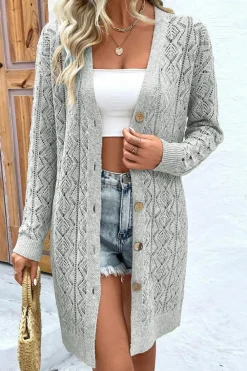 Sale Dear-Lover Hollow Out Buttons Front Long Cardigan Gray