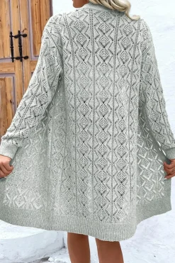 Sale Dear-Lover Hollow Out Buttons Front Long Cardigan Gray