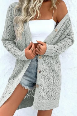 Sale Dear-Lover Hollow Out Buttons Front Long Cardigan Gray