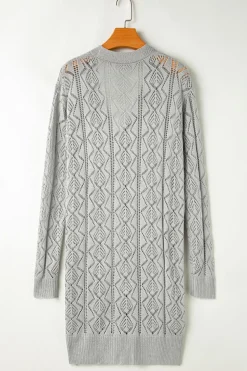 Sale Dear-Lover Hollow Out Buttons Front Long Cardigan Gray