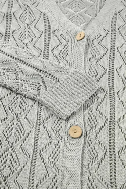 Sale Dear-Lover Hollow Out Buttons Front Long Cardigan Gray