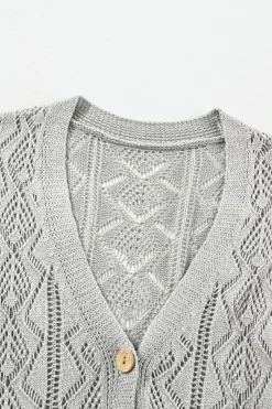 Sale Dear-Lover Hollow Out Buttons Front Long Cardigan Gray