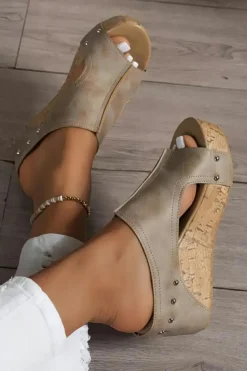 Sale Dear-Lover Hollow Out Studded PU Leather Wedge Slippers Gray