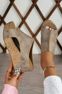Sale Dear-Lover Hollow Out Studded PU Leather Wedge Slippers Gray