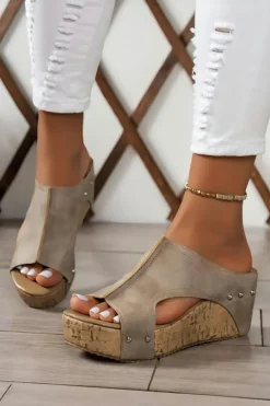 Sale Dear-Lover Hollow Out Studded PU Leather Wedge Slippers Gray
