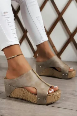 Sale Dear-Lover Hollow Out Studded PU Leather Wedge Slippers Gray