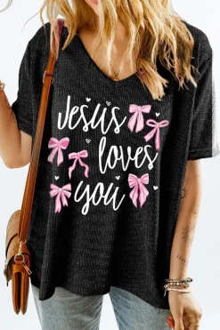 Outlet Dear-Lover Jesus Loves You Bow Knot Print V Neck Waffle Knit Loose T Shirt Gray