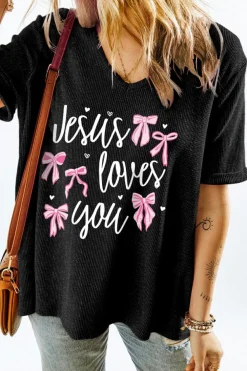 Outlet Dear-Lover Jesus Loves You Bow Knot Print V Neck Waffle Knit Loose T Shirt Gray