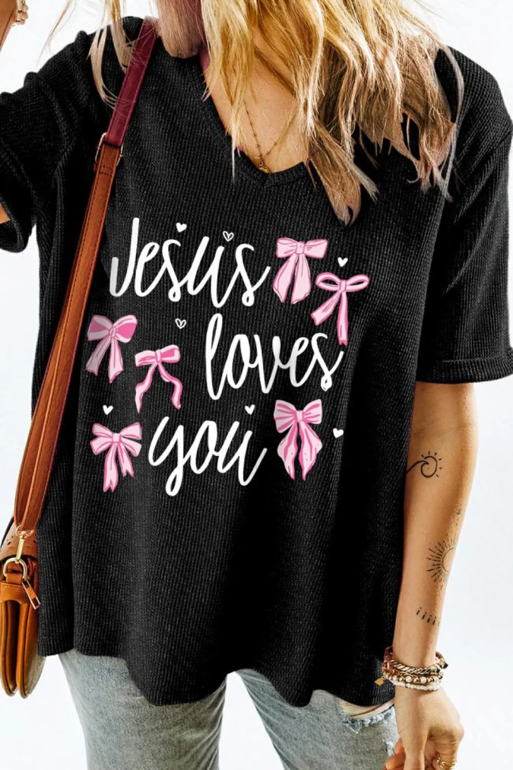 Outlet Dear-Lover Jesus Loves You Bow Knot Print V Neck Waffle Knit Loose T Shirt Gray