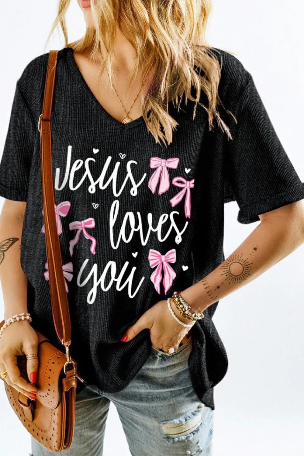Outlet Dear-Lover Jesus Loves You Bow Knot Print V Neck Waffle Knit Loose T Shirt Gray