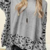 Best Dear-Lover Leopard High Neck Side Slit Oversized Sweater Gray