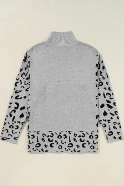 Best Dear-Lover Leopard High Neck Side Slit Oversized Sweater Gray