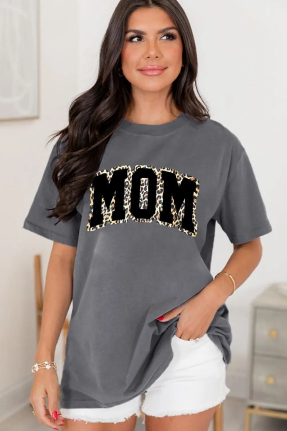 Best Dear-Lover Leopard MOM Graphic Crewneck Mothers Day T Shirt Gray