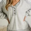New Dear-Lover Leopard Patchwork Exposed Seam Buttoned Neck Sweatshirt Gray