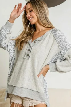 New Dear-Lover Leopard Patchwork Exposed Seam Buttoned Neck Sweatshirt Gray