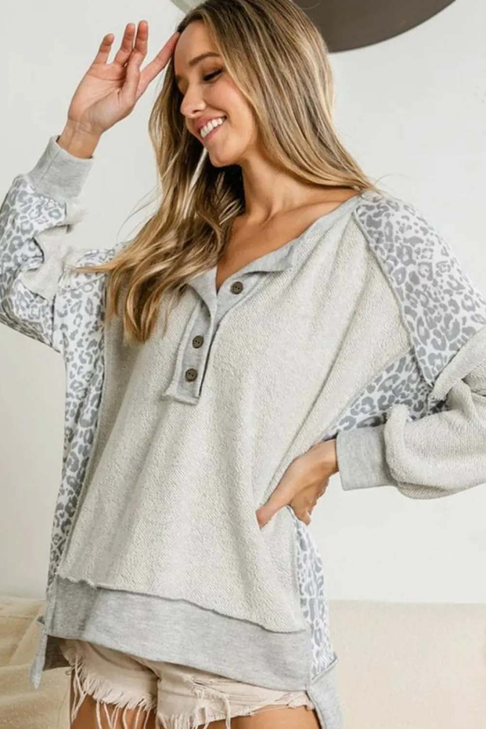 New Dear-Lover Leopard Patchwork Exposed Seam Buttoned Neck Sweatshirt Gray