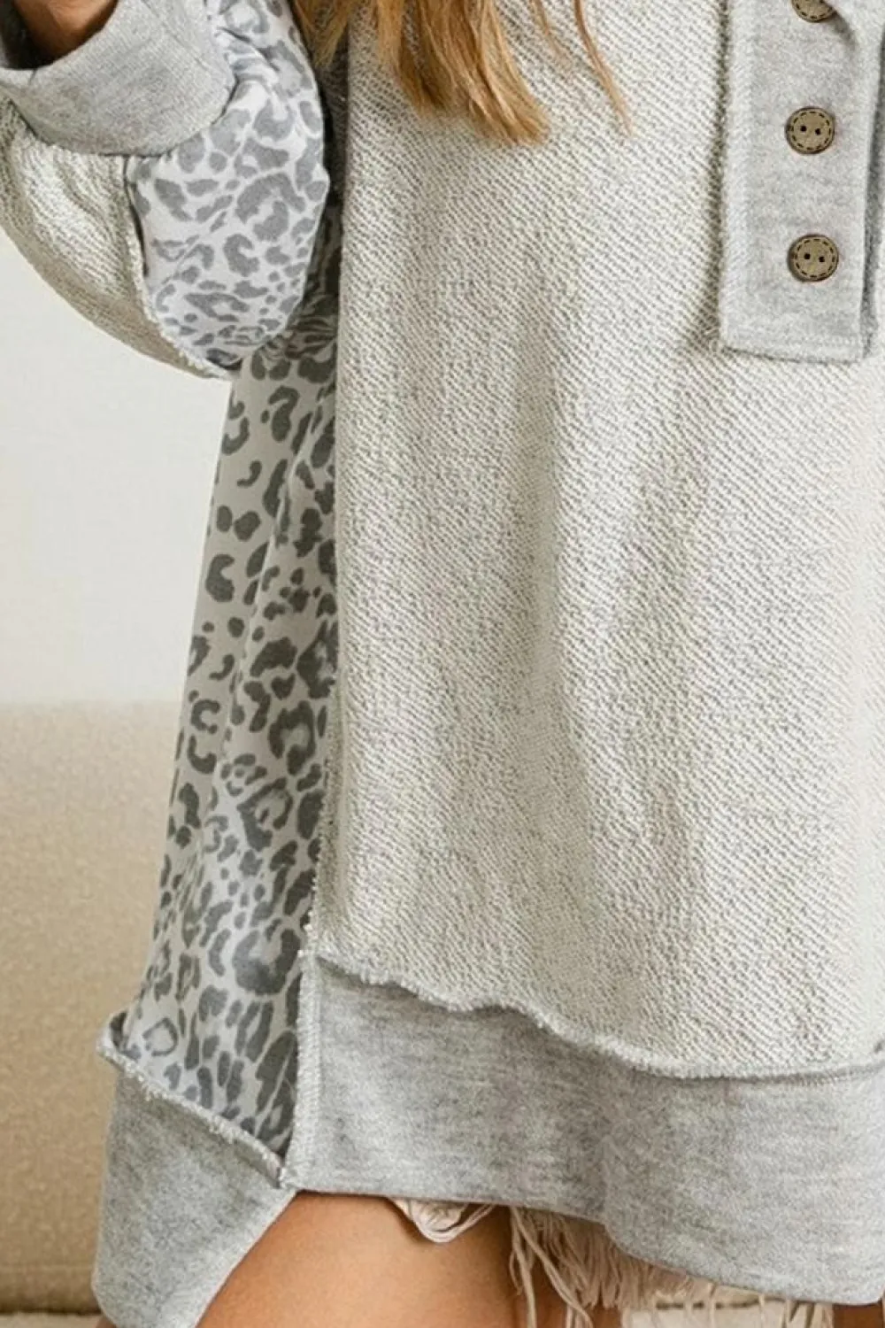 New Dear-Lover Leopard Patchwork Exposed Seam Buttoned Neck Sweatshirt Gray