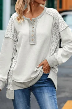 New Dear-Lover Leopard Patchwork Exposed Seam Buttoned Neck Sweatshirt Gray