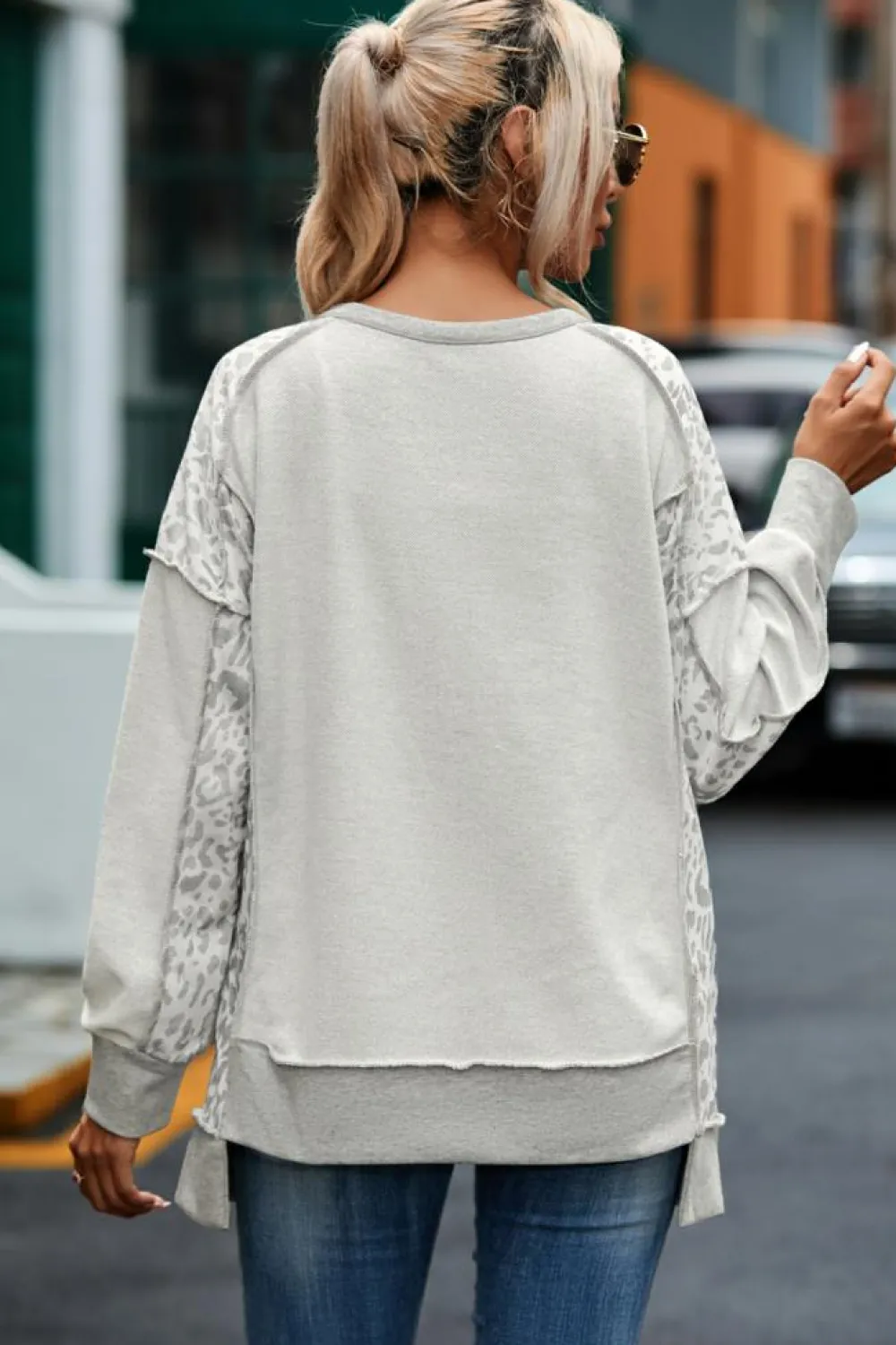 New Dear-Lover Leopard Patchwork Exposed Seam Buttoned Neck Sweatshirt Gray
