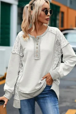 New Dear-Lover Leopard Patchwork Exposed Seam Buttoned Neck Sweatshirt Gray