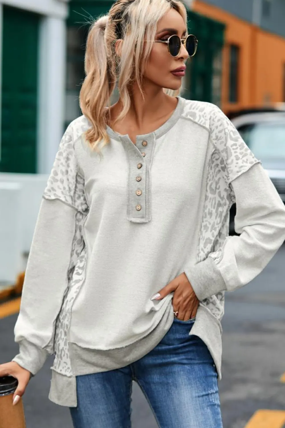 New Dear-Lover Leopard Patchwork Exposed Seam Buttoned Neck Sweatshirt Gray